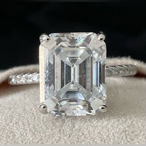 NWT 4 CT Emerald Cut Moissanite Ring, Hidden Halo/Pave Stone Setting, Size 4 3/4